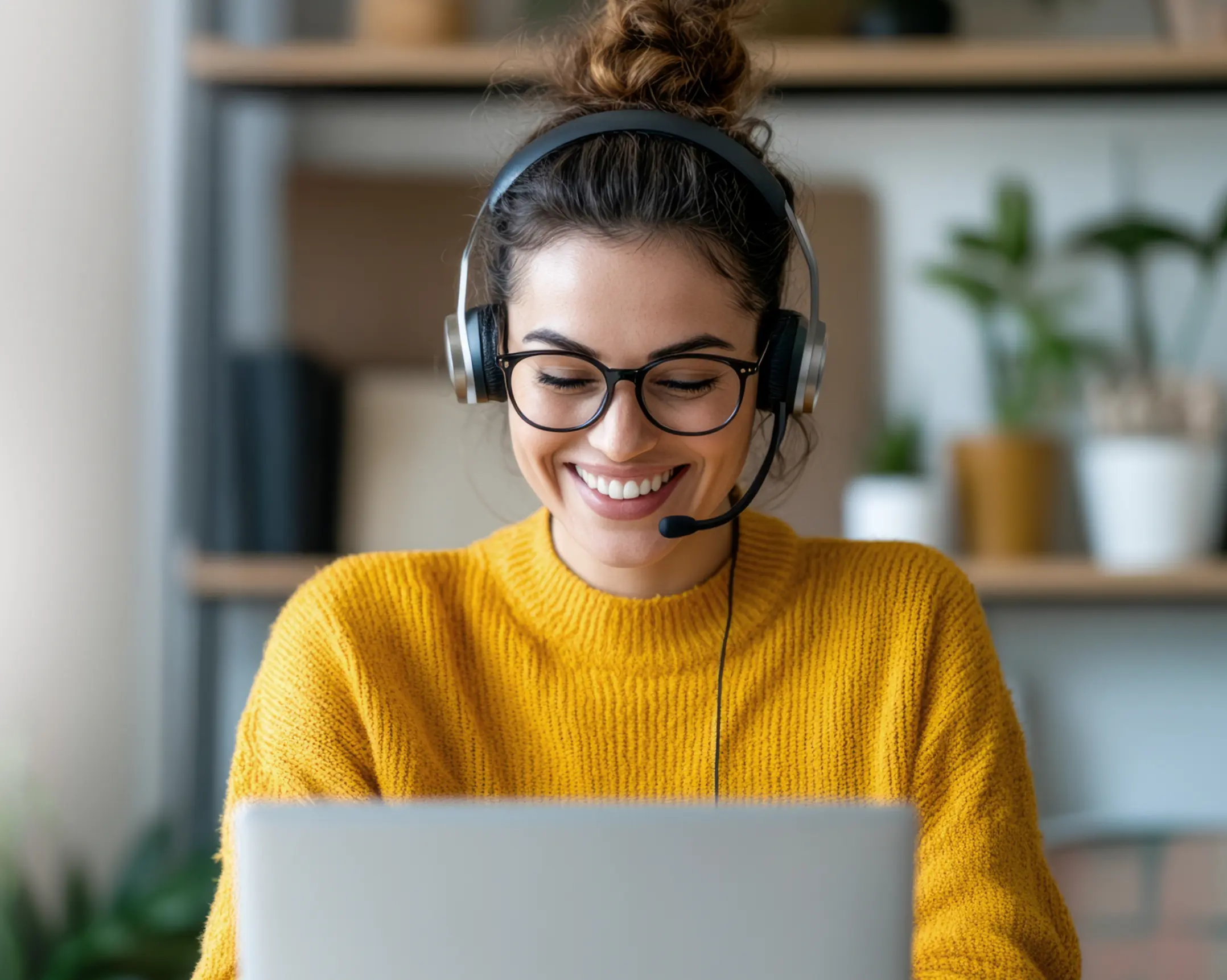 Uma mulher com fone de ouvido realizando atendimento de suporte